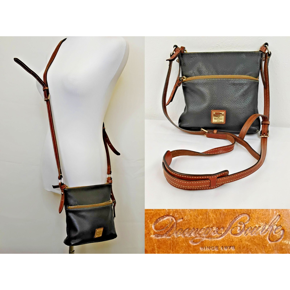 Dooney & Bourke Crossbody Purse Bag Black Leather Brown Trim Gold Metal #J4984